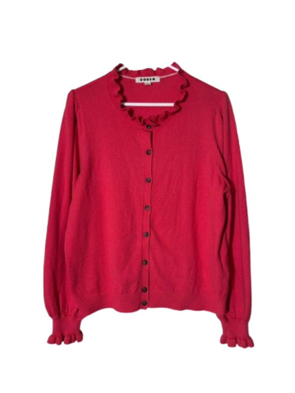 Boden ruffle neck cardigan puff sleeve wool cotton blend womens L
